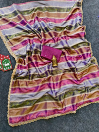 Pure Soft Silk Saree with Rainbow Patti Weaving & Heavy Handwork | Scalloped Border with Contrast Blouse