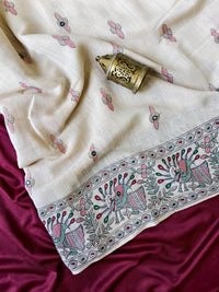 Pure 90 Count Slub Linen Saree with Madhubani Prints & Aari Mirror Work ❤️