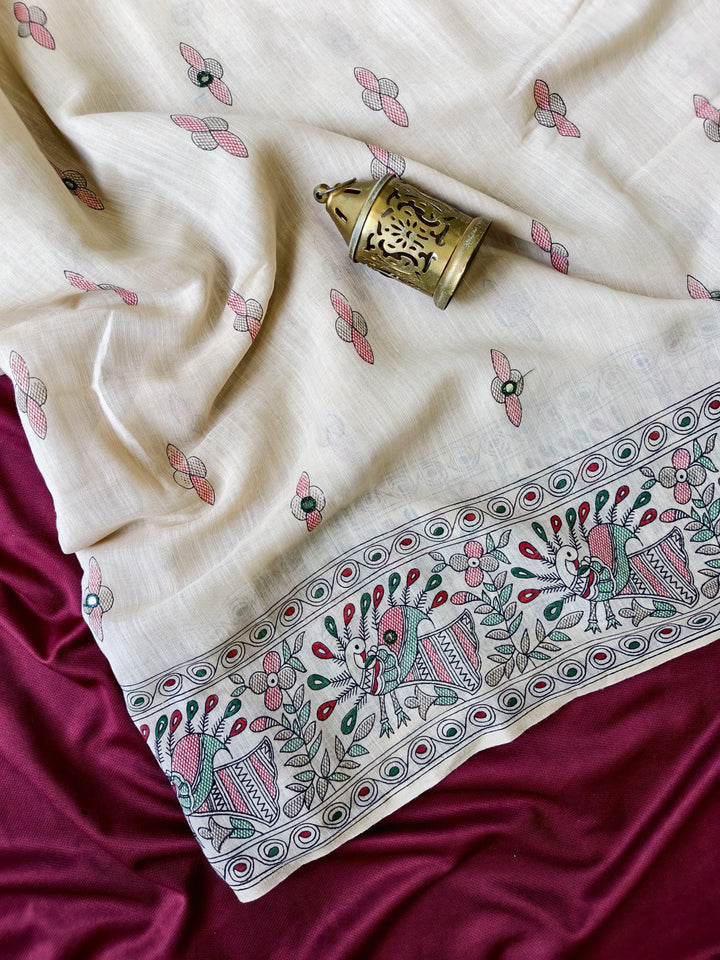 Pure 90 Count Slub Linen Saree with Madhubani Prints & Aari Mirror Work ❤️