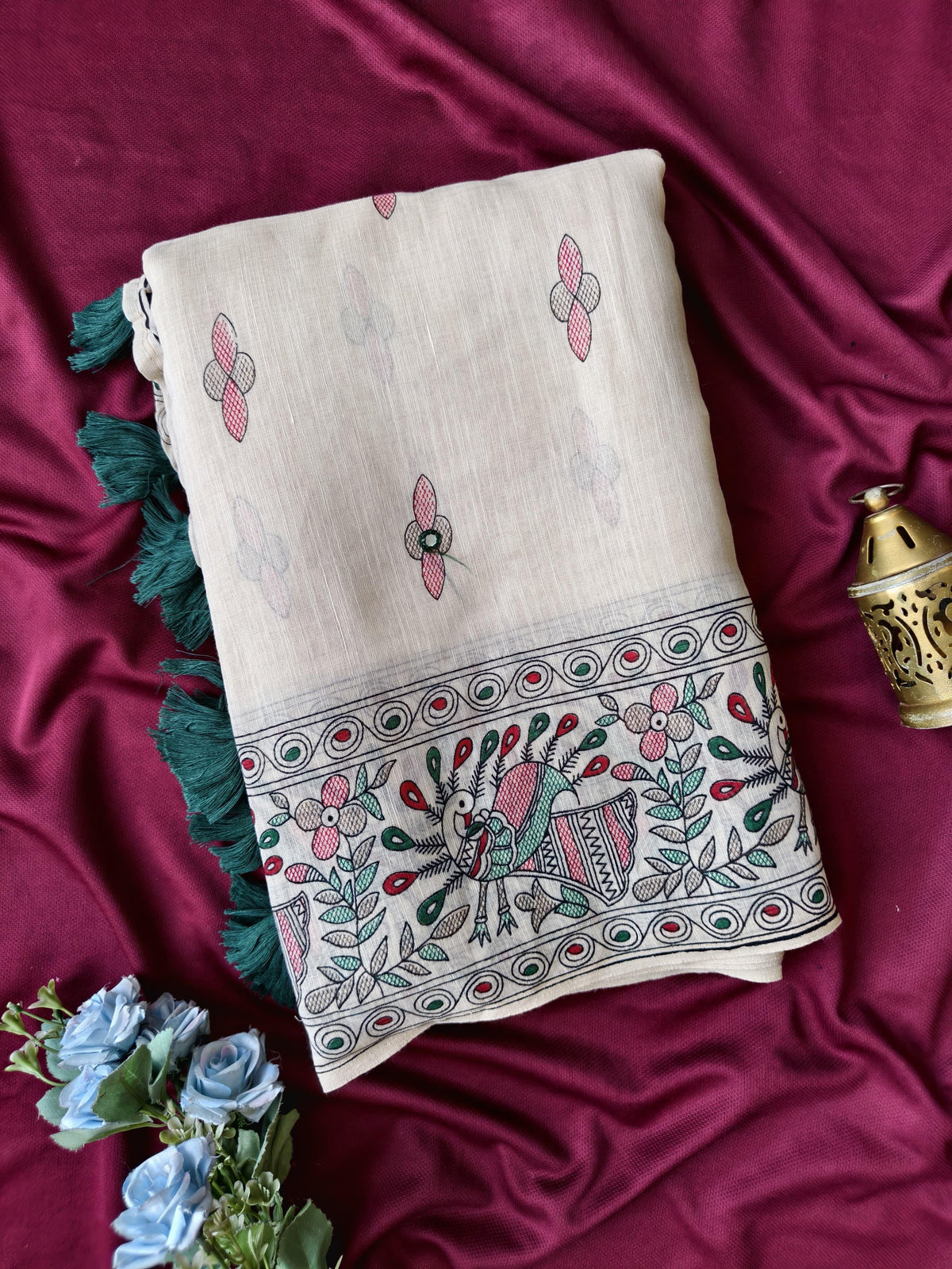 Pure 90 Count Slub Linen Saree with Madhubani Prints & Aari Mirror Work ❤️