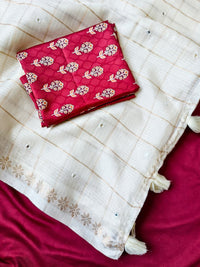 Pure Kota Saree with Check Design, Aari Mirror Work & Viscose Zari Woven Border | Ajrakh Blouse