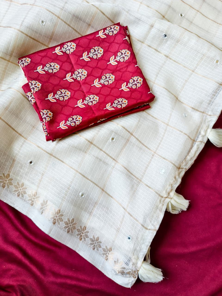 Pure Kota Saree with Check Design, Aari Mirror Work & Viscose Zari Woven Border | Ajrakh Blouse