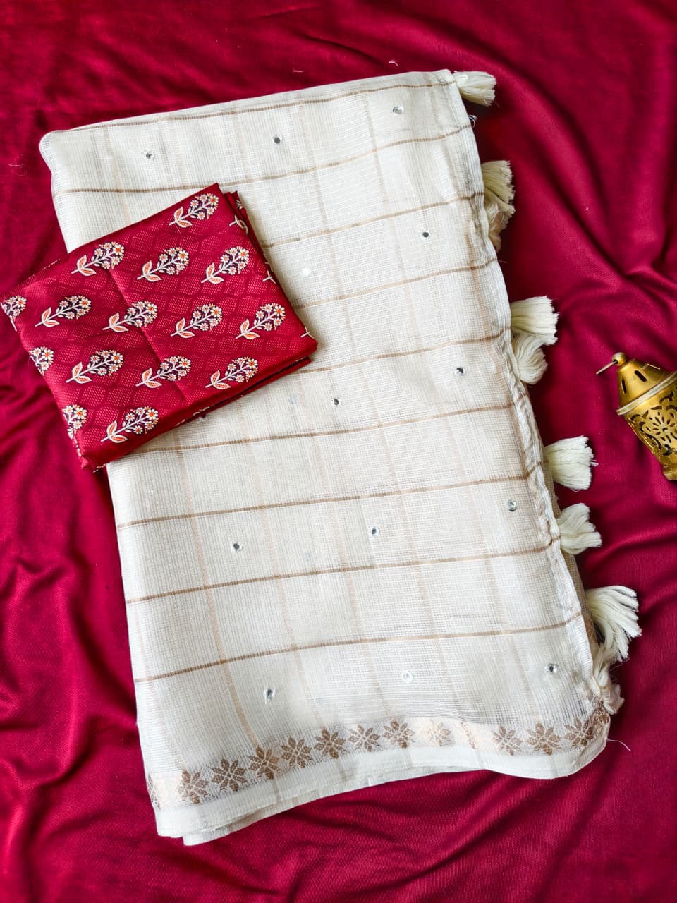 Pure Kota Saree with Check Design, Aari Mirror Work & Viscose Zari Woven Border | Ajrakh Blouse