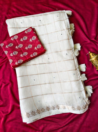 Pure Kota Saree with Check Design, Aari Mirror Work & Viscose Zari Woven Border | Ajrakh Blouse