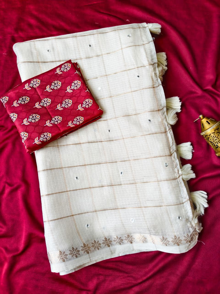 Pure Kota Saree with Check Design, Aari Mirror Work & Viscose Zari Woven Border | Ajrakh Blouse