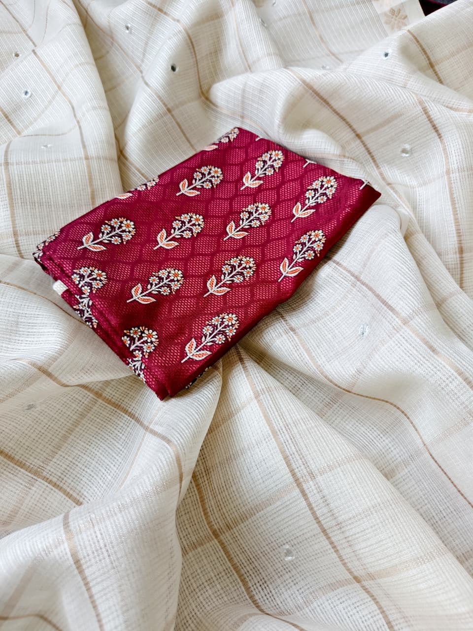 Pure Kota Saree with Check Design, Aari Mirror Work & Viscose Zari Woven Border | Ajrakh Blouse