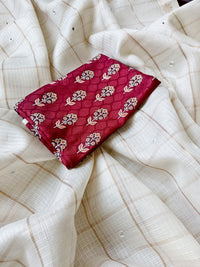 Pure Kota Saree with Check Design, Aari Mirror Work & Viscose Zari Woven Border | Ajrakh Blouse