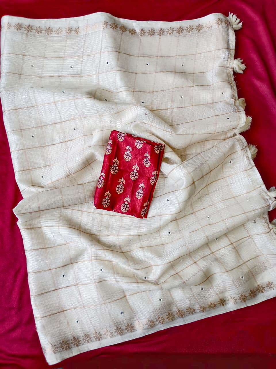Pure Kota Saree with Check Design, Aari Mirror Work & Viscose Zari Woven Border | Ajrakh Blouse