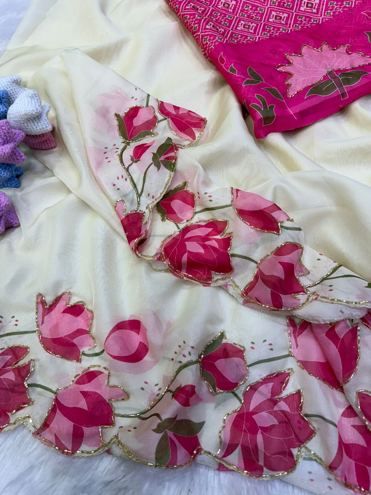 Pure Tebi Silk Saree with Handwork Panel & Hand-Painted Design | Contrast Work Blouse