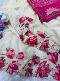 Pure Tebi Silk Saree with Handwork Panel & Hand-Painted Design | Contrast Work Blouse