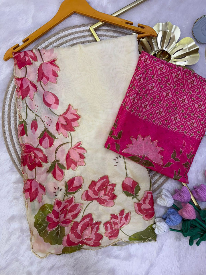 Pure Tebi Silk Saree with Handwork Panel & Hand-Painted Design | Contrast Work Blouse