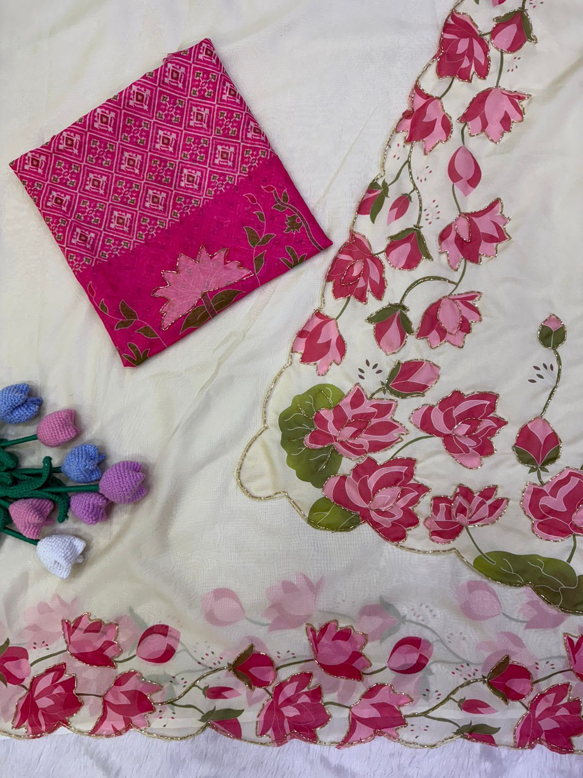 Pure Tebi Silk Saree with Handwork Panel & Hand-Painted Design | Contrast Work Blouse