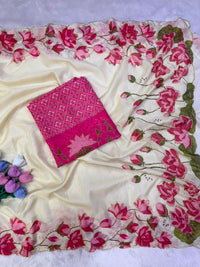 Pure Tebi Silk Saree with Handwork Panel & Hand-Painted Design | Contrast Work Blouse