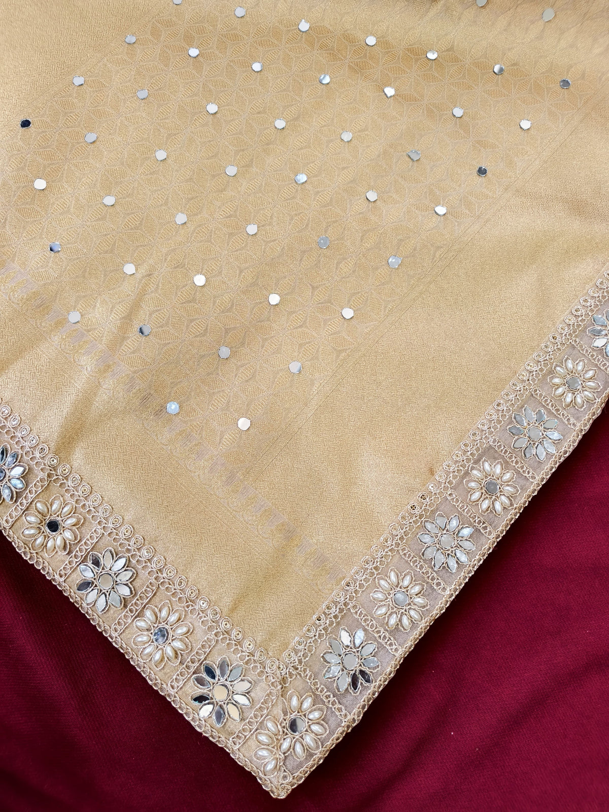 Pure Organza Saree with Zari Weaving, Heavy Mirror Work & Scalloped Border  Product Description: