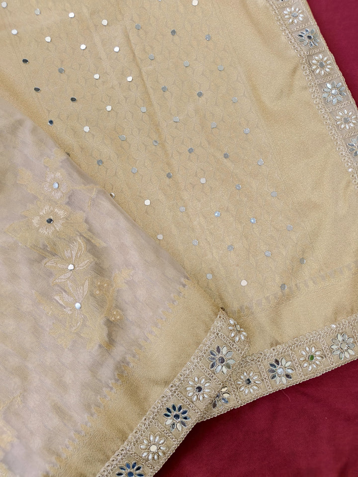 Pure Organza Saree with Zari Weaving, Heavy Mirror Work & Scalloped Border  Product Description: