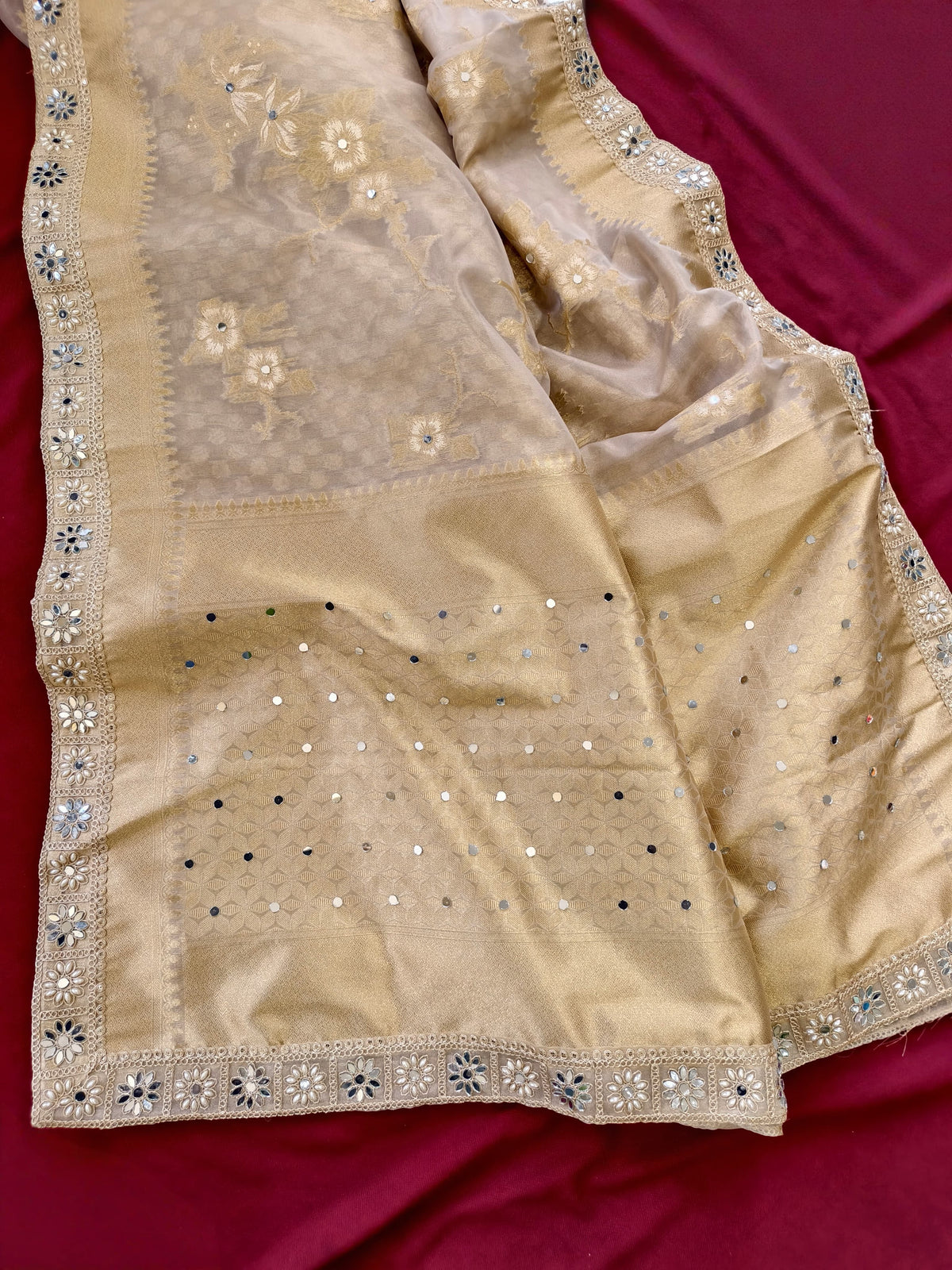 Pure Organza Saree with Zari Weaving, Heavy Mirror Work & Scalloped Border  Product Description: