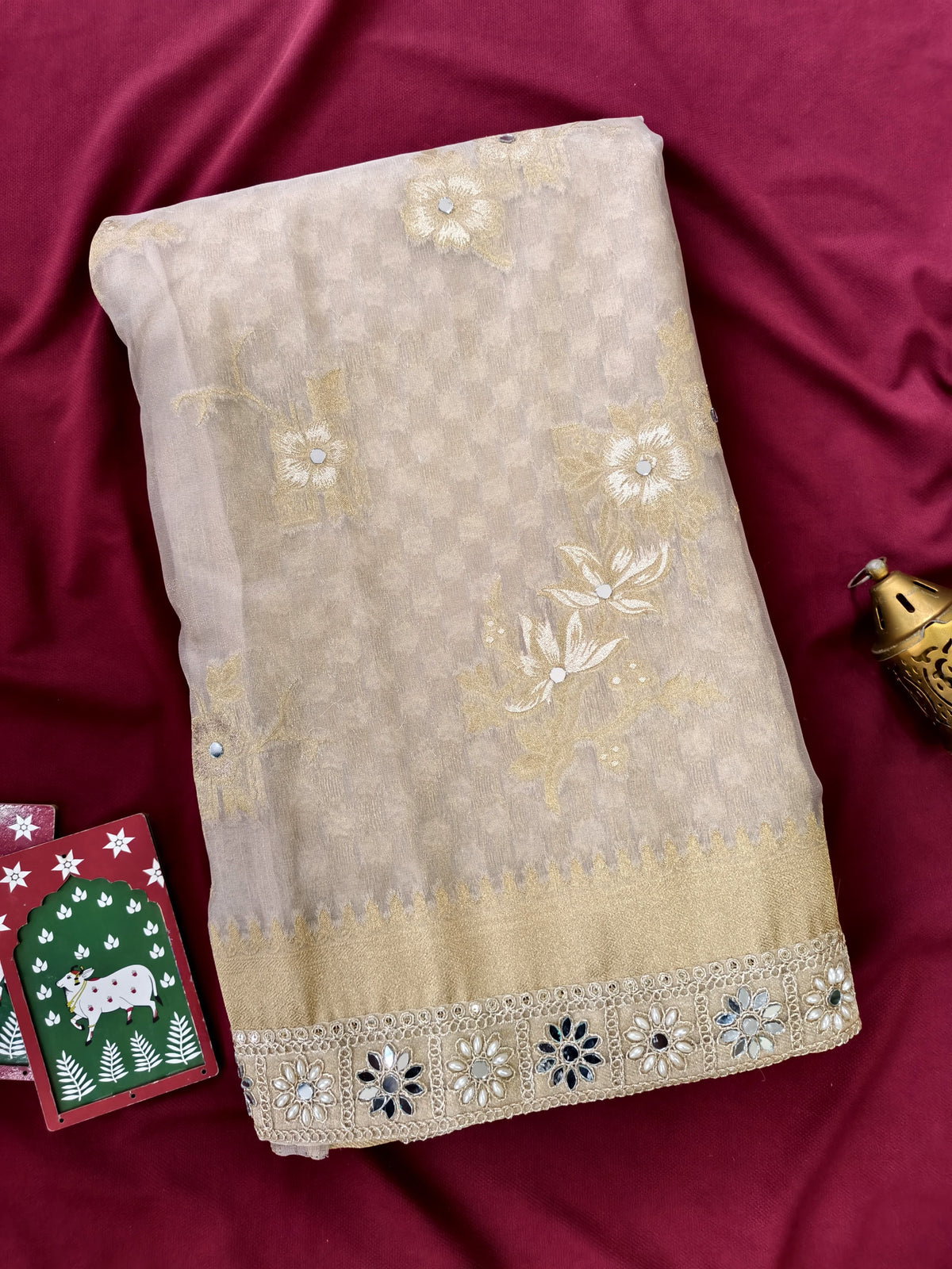 Pure Organza Saree with Zari Weaving, Heavy Mirror Work & Scalloped Border  Product Description: