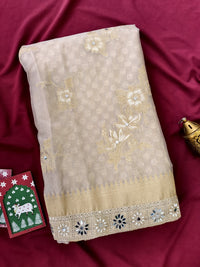 Pure Organza Saree with Zari Weaving, Heavy Mirror Work & Scalloped Border  Product Description: