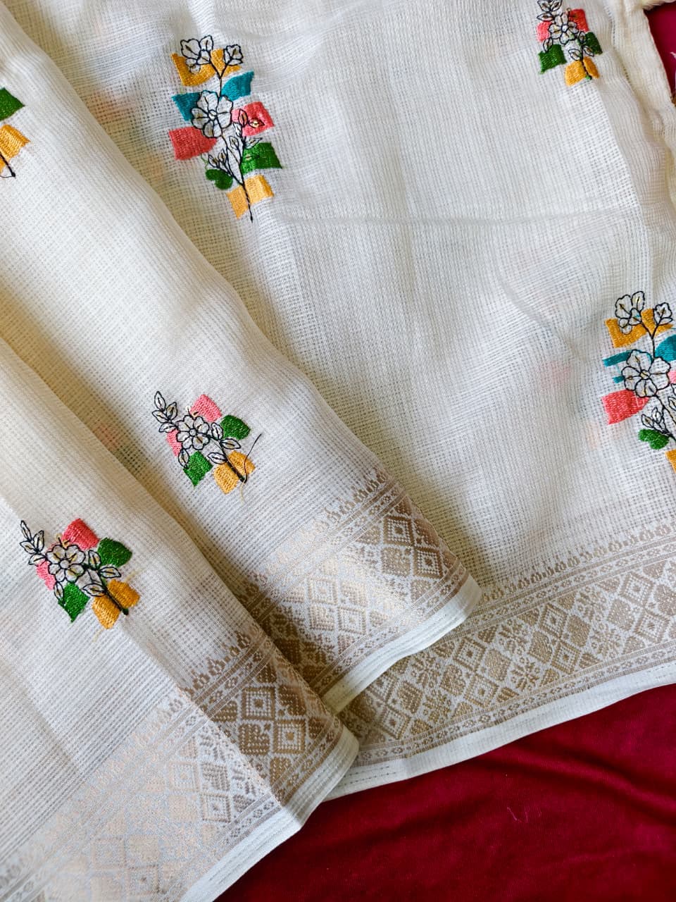 Pure Kota Saree with Floral Embroidery, Gold Zari Weaving Border & Tassels