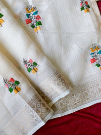 Pure Kota Saree with Floral Embroidery, Gold Zari Weaving Border & Tassels