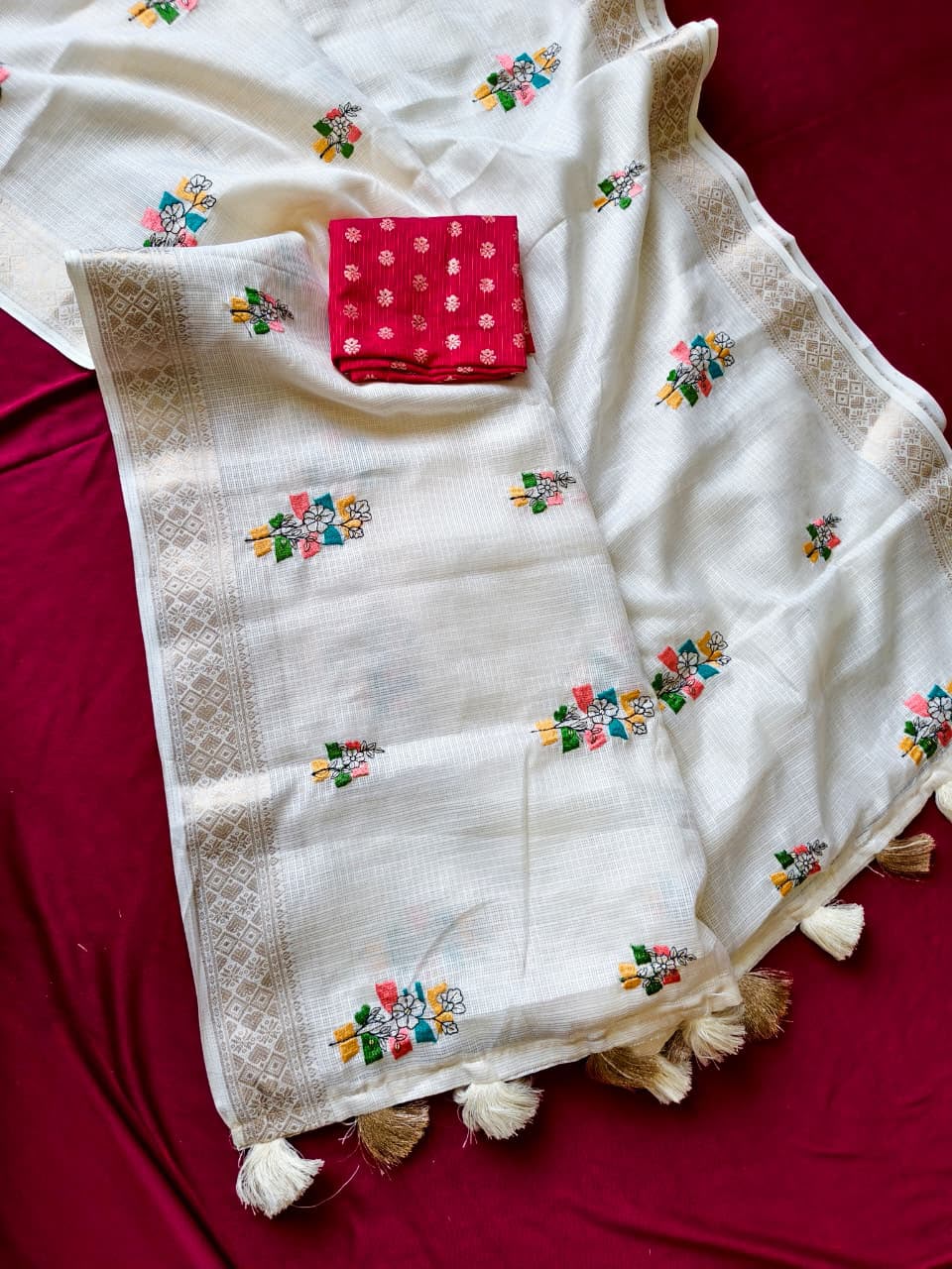 Pure Kota Saree with Floral Embroidery, Gold Zari Weaving Border & Tassels