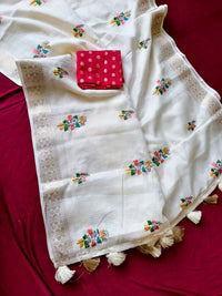 Pure Kota Saree with Floral Embroidery, Gold Zari Weaving Border & Tassels
