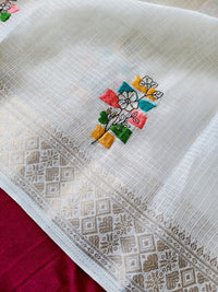 Pure Kota Saree with Floral Embroidery, Gold Zari Weaving Border & Tassels