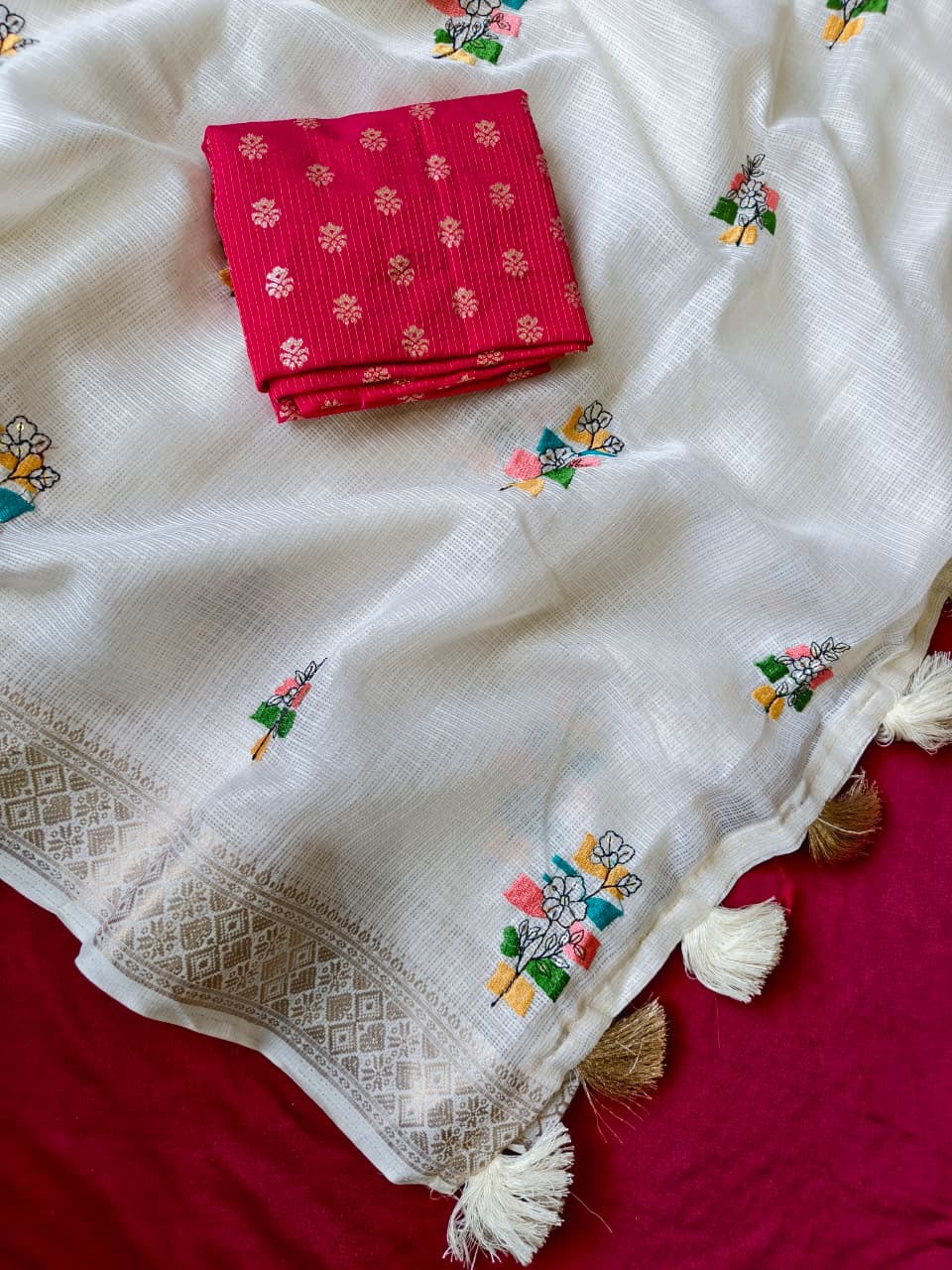 Pure Kota Saree with Floral Embroidery, Gold Zari Weaving Border & Tassels