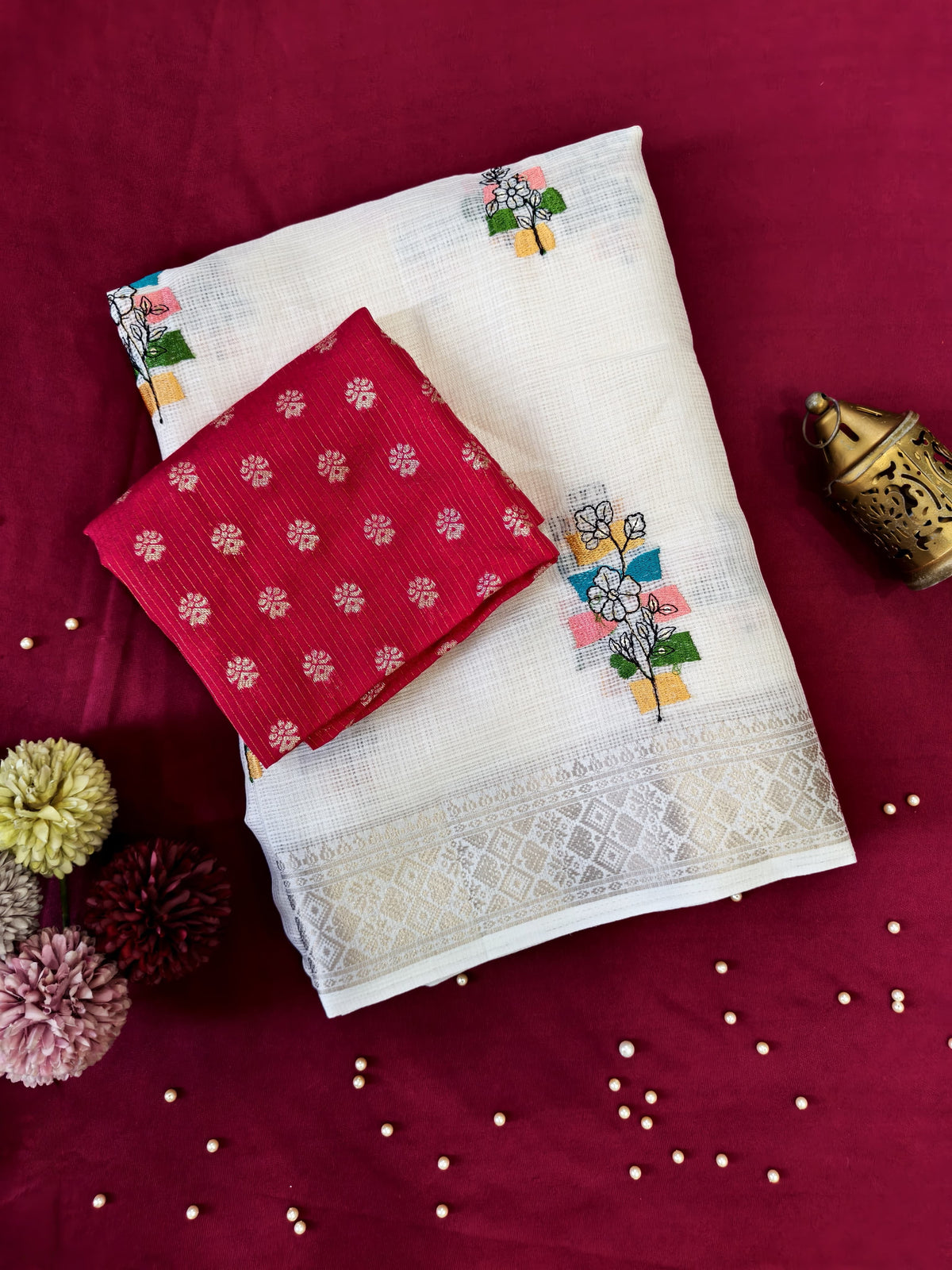 Pure Kota Saree with Floral Embroidery, Gold Zari Weaving Border & Tassels