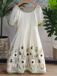 Off-White Flared Dress with Honeybee Embroidery and Puff Sleeves