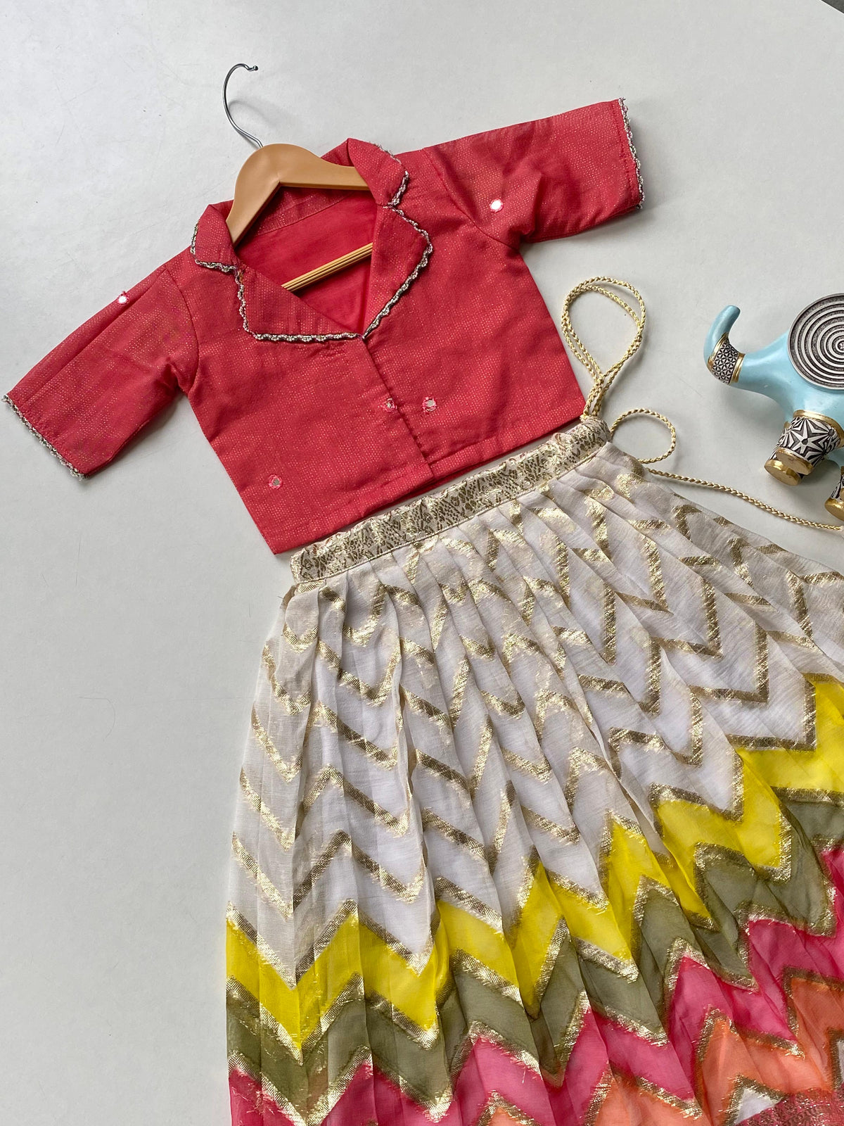 Hand-Painted Viscose Skirt & Collared Top Set - Artisan Crafted GIRLS DRESS