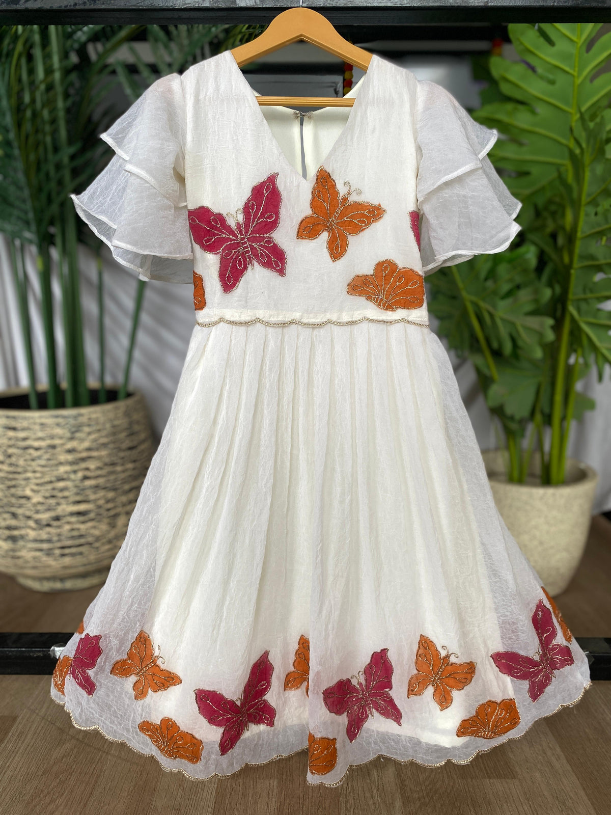 Hand-Painted Butterfly Gown with Flared Sleeves and Scalloped Hem