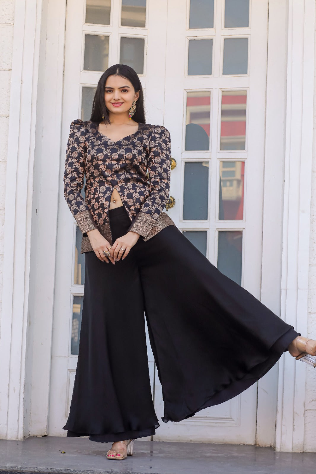 Elegant Black Silk Palazzo Set with Embroidered Jacket