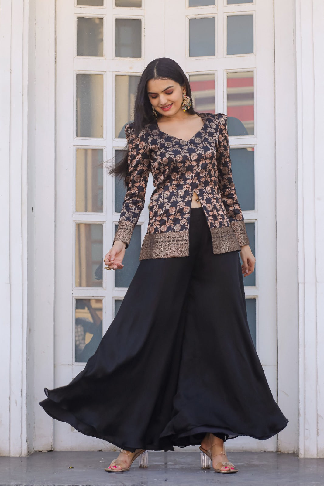 Elegant Black Silk Palazzo Set with Embroidered Jacket