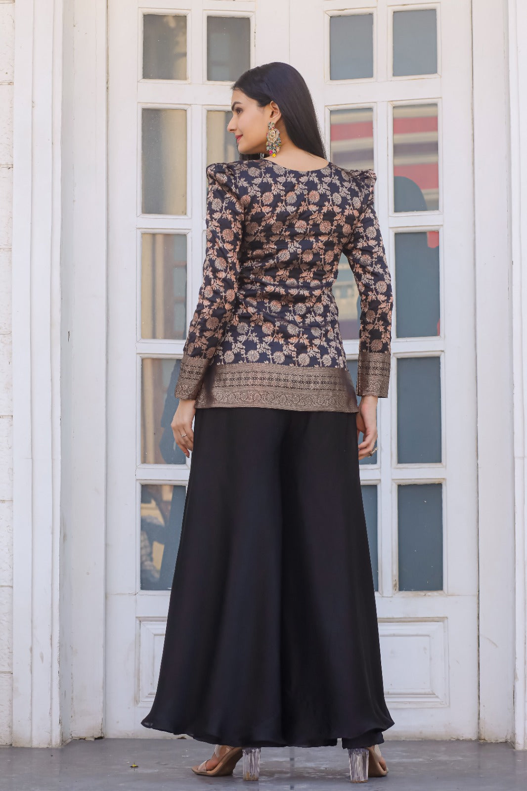 Elegant Black Silk Palazzo Set with Embroidered Jacket