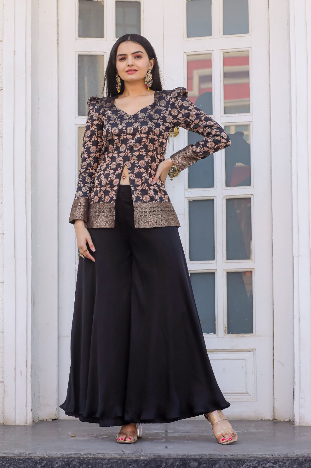 Elegant Black Silk Palazzo Set with Embroidered Jacket