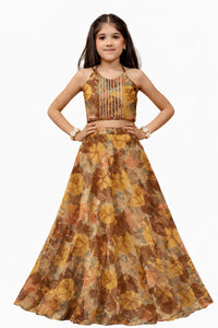 Printed Skirt Set with Tie-Up Top and Lace Detailing