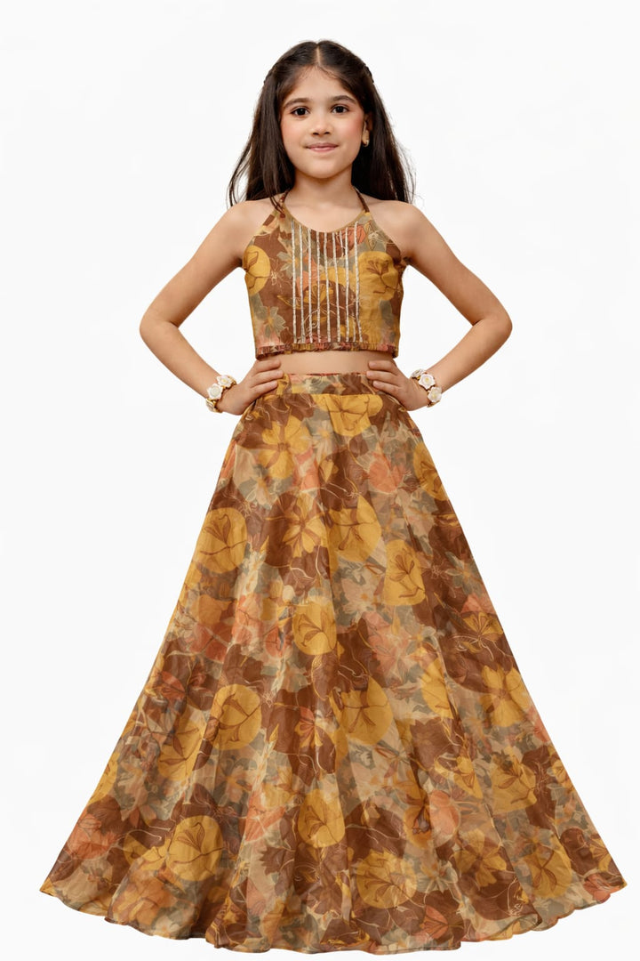 Printed Skirt Set with Tie-Up Top and Lace Detailing