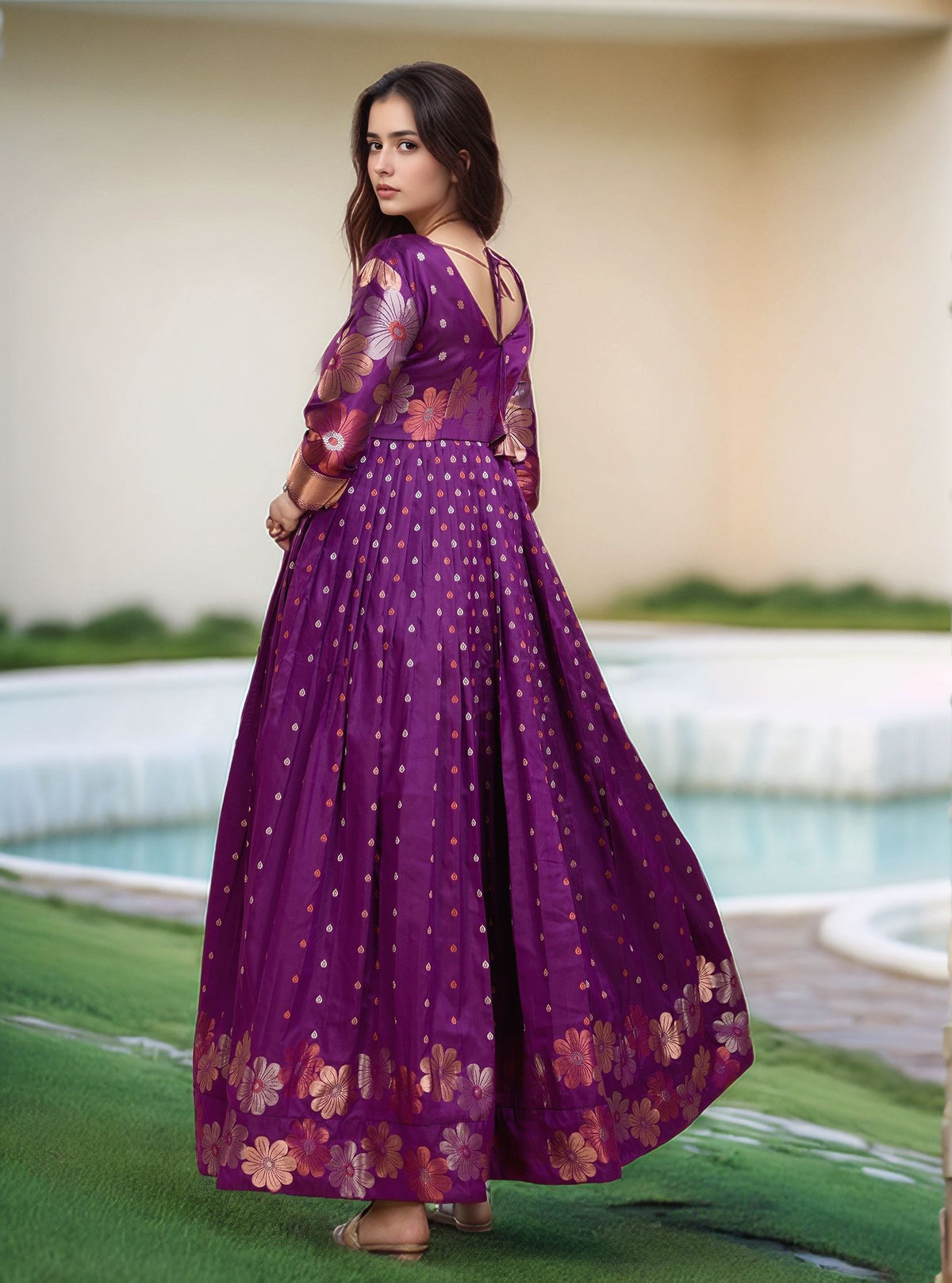 Purple Floral Embroidered Anarkali Gown