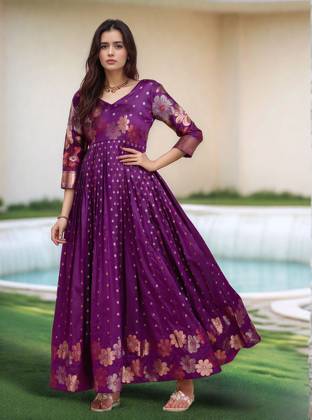 Purple Floral Embroidered Anarkali Gown