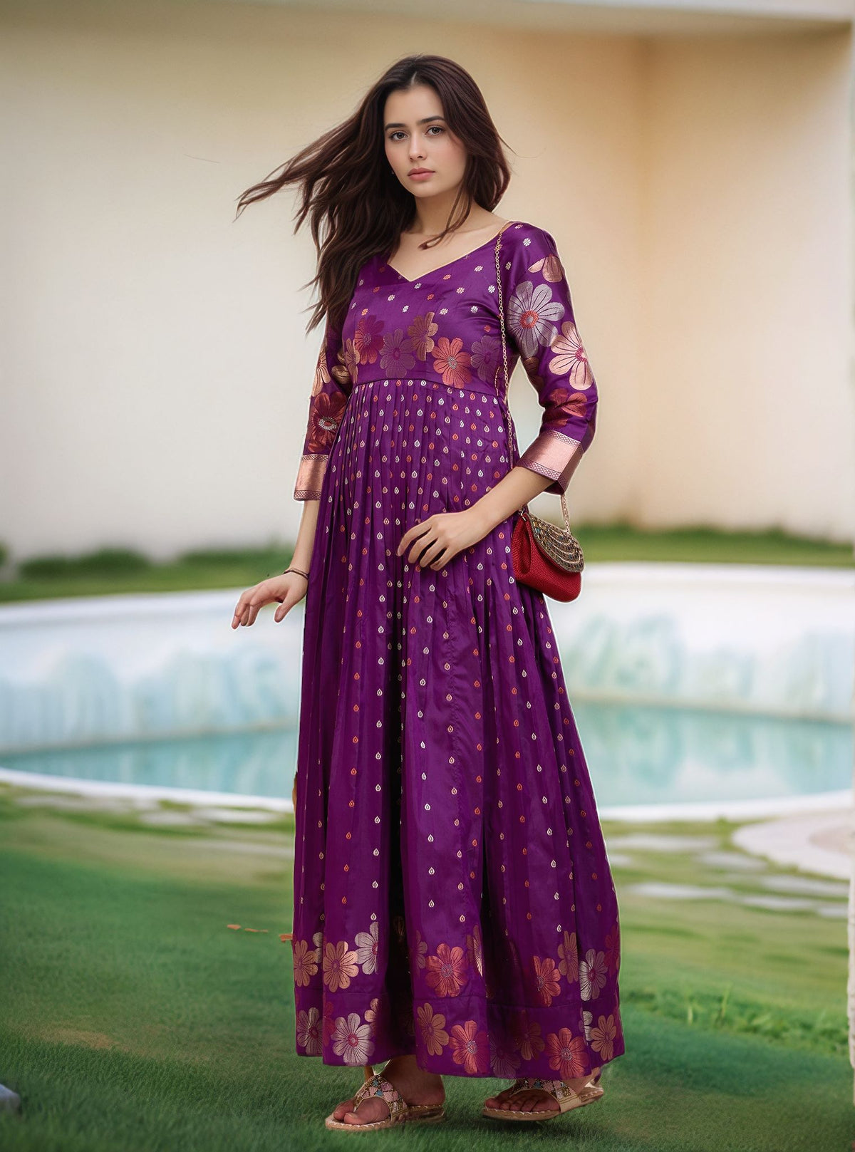 Purple Floral Embroidered Anarkali Gown