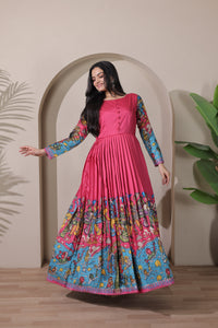 stunning flared yellow gown with pen kalamkari design