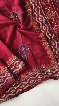 Pure Chanderi Cotton Saree with Ajrakh Hand Block Print & Hand Katha Work