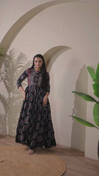 Elegant Black Embroidered Silk Blend Anarkali Gown