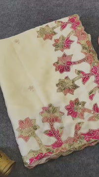 Pure Georgette Saree with All-Over Motif & Appliqué Work | Cutwork Border with Sequins
