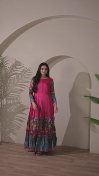 stunning flared yellow gown with pen kalamkari design