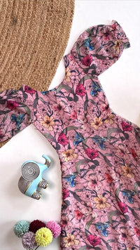 Light Pink Floral Flare Dress with Puff Sleeves