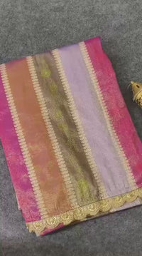 Pure Soft Silk Saree with Rainbow Patti Weaving & Heavy Handwork | Scalloped Border with Contrast Blouse