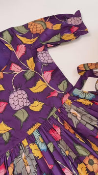 Girls Ruffled Kalamkari Dress with Puff Sleeves - Tussar Silk (DS NO KP250425)