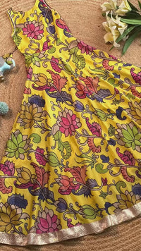 Girls Yellow Tussar Silk Gown with Pen Kalamkari Floral Print & Gota Detailing